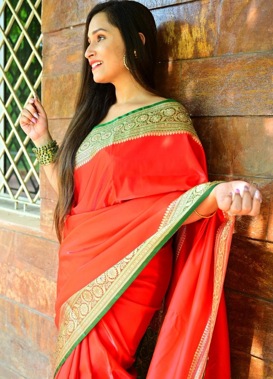 Red Banarasi satin silk saree with all over embroidery and Resham work