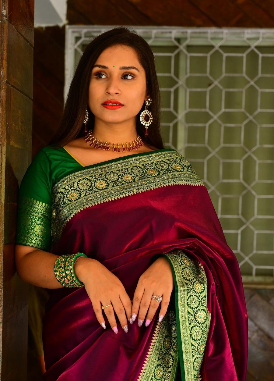 Burgundy Banarasi satin silk saree with all over embroidery and Resham work