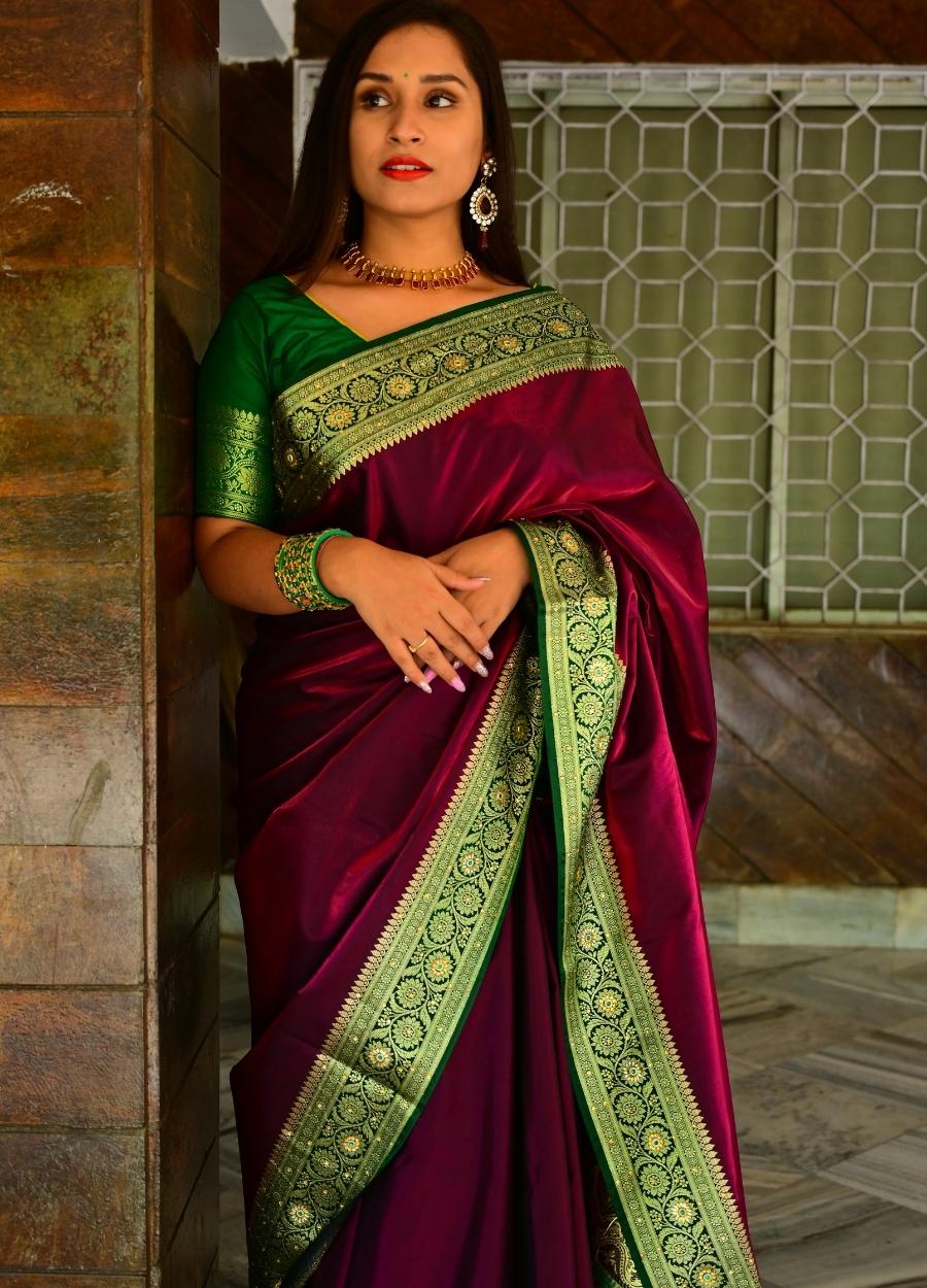 Burgundy Banarasi satin silk saree with all over embroidery and Resham work