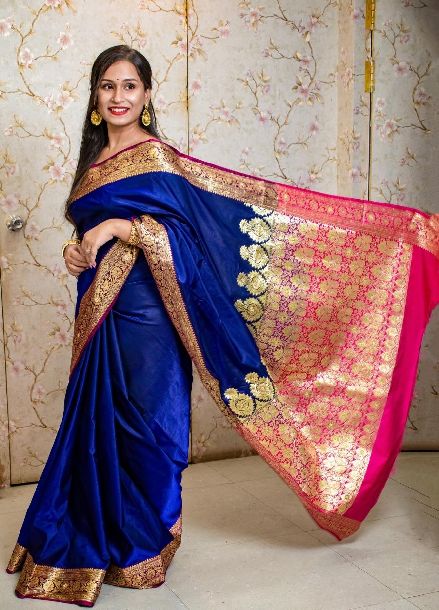 Blue Banarasi satin silk saree with all-over embroidery and Resham work