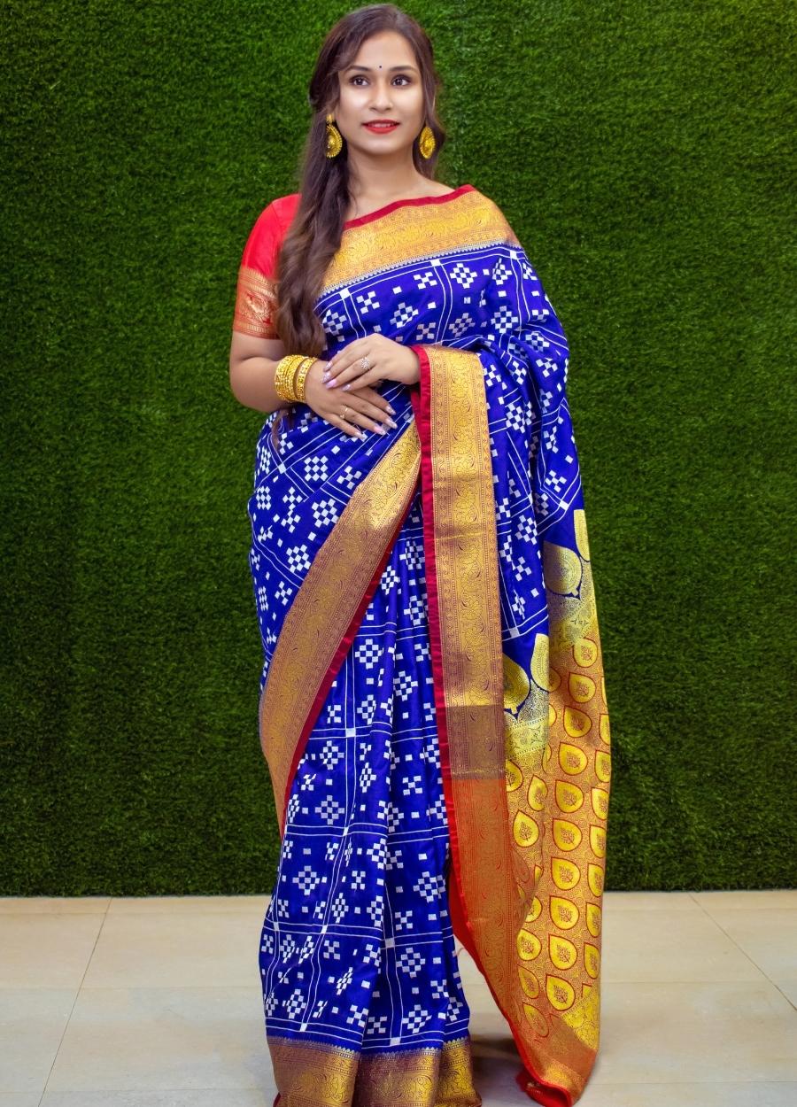 Blue Banarasi Satin Saree with Embroidery Work Designer Saree