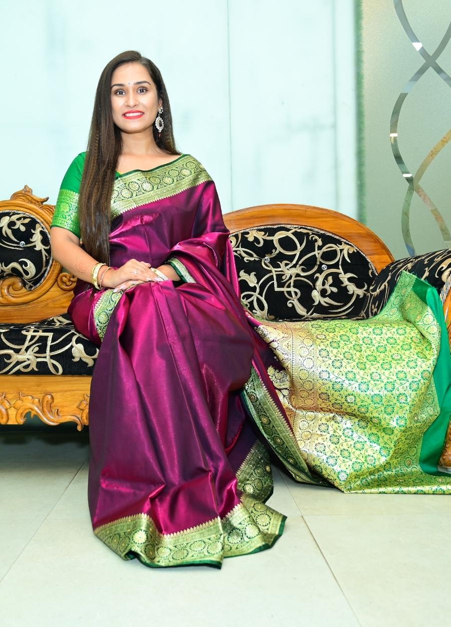 Purple Banarasi satin silk saree with all-over embroidery and Resham work