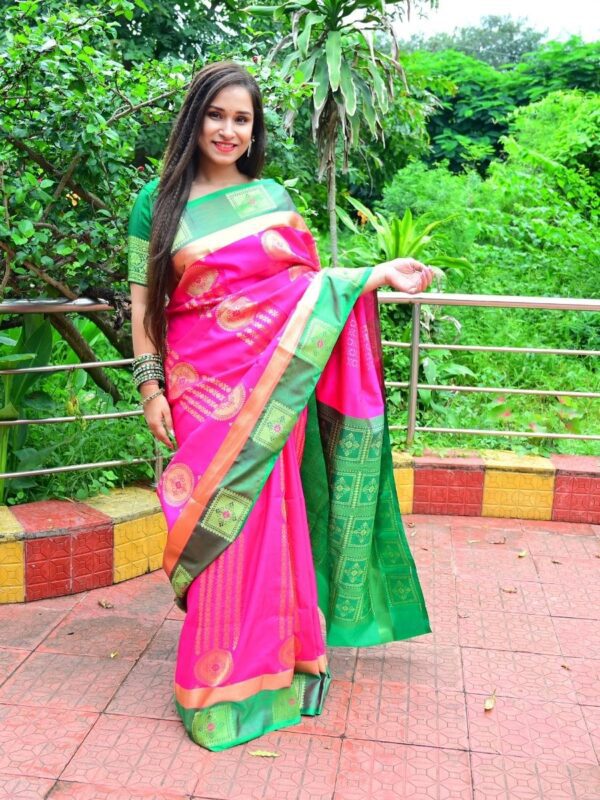 Pink Banarasi satin silk saree with all-over embroidery and Resham work