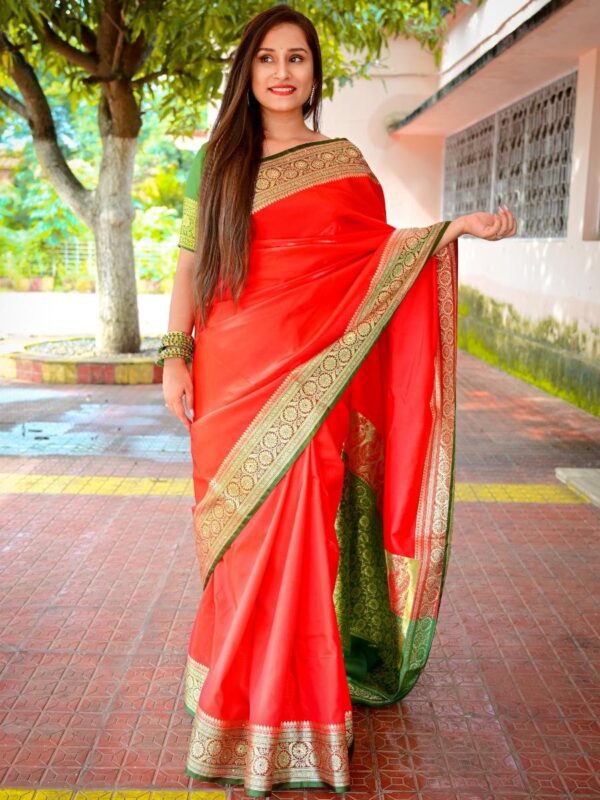 Red Banarasi satin silk saree with all over embroidery and Resham work
