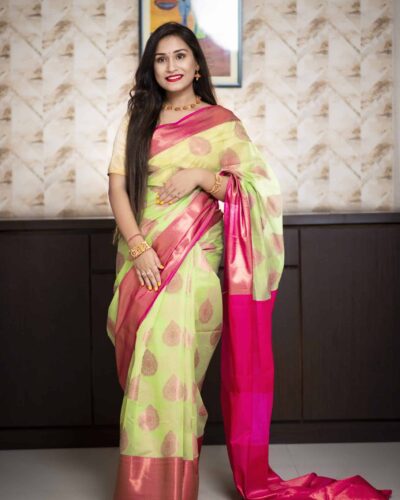 Light Yellow Banarasi satin silk saree with all over embroidery and Resham work