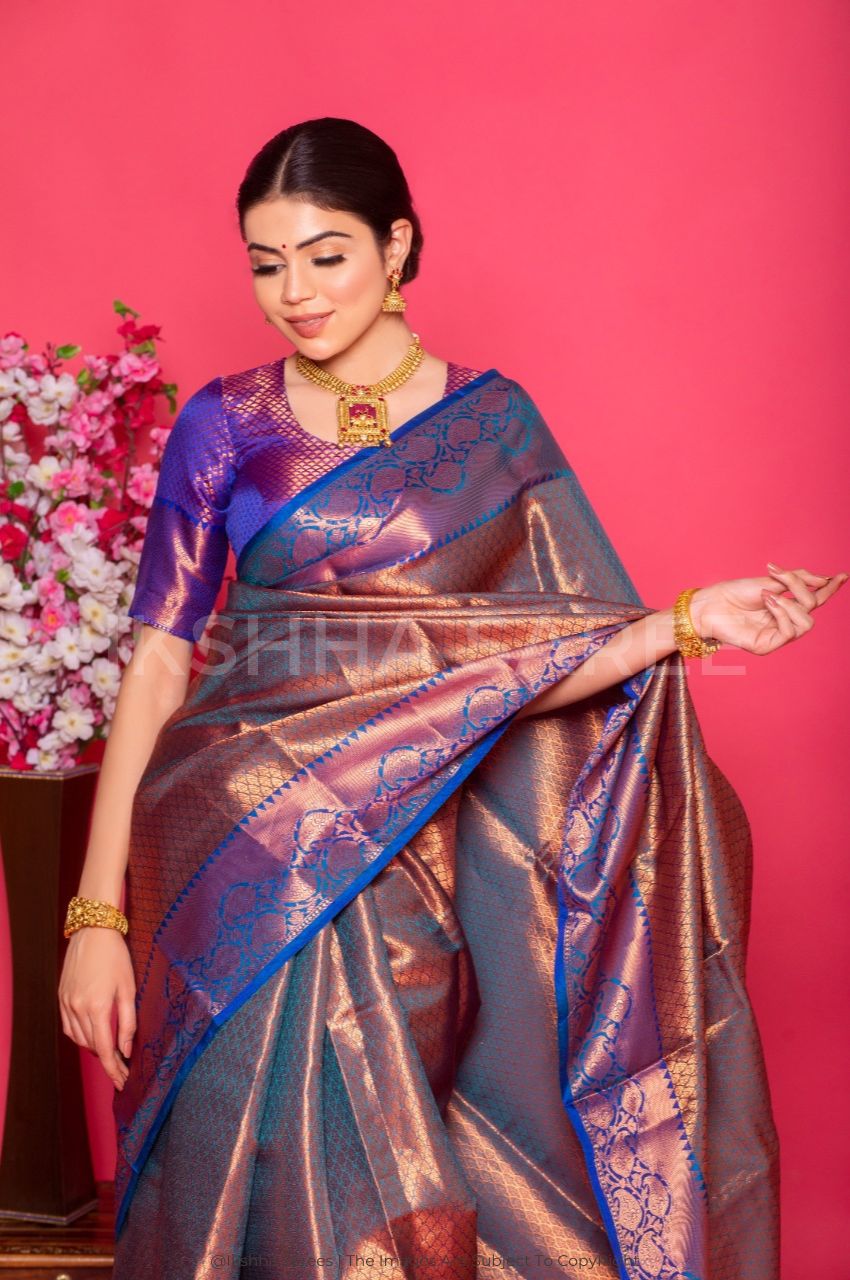 Blue Banarasi Silk Saree With Copper Zari