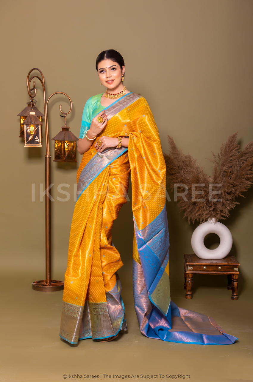 Yellow Kanjivaram Silk Saree With Copper Zari