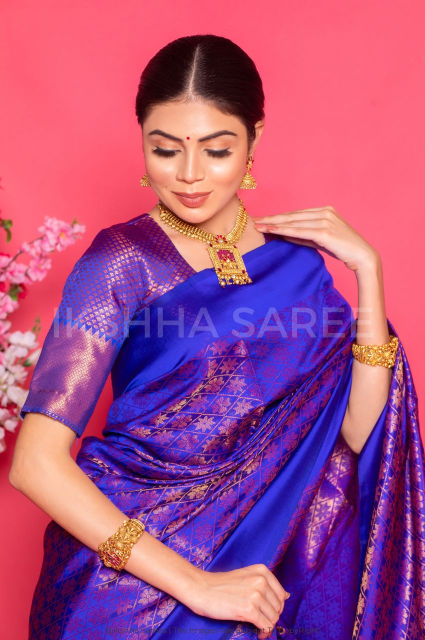 Royal Blue Banarasi Silk Saree With Copper Zari