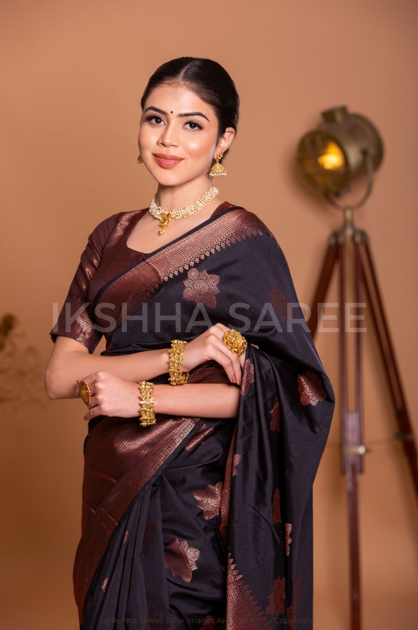 Black Kanjivaram Silk Saree With Copper Zari