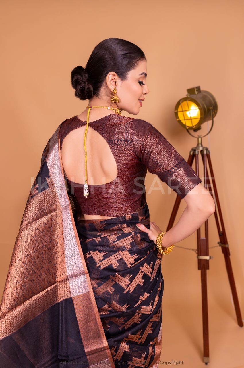 Black Kanjivaram Silk Saree With Copper Zari