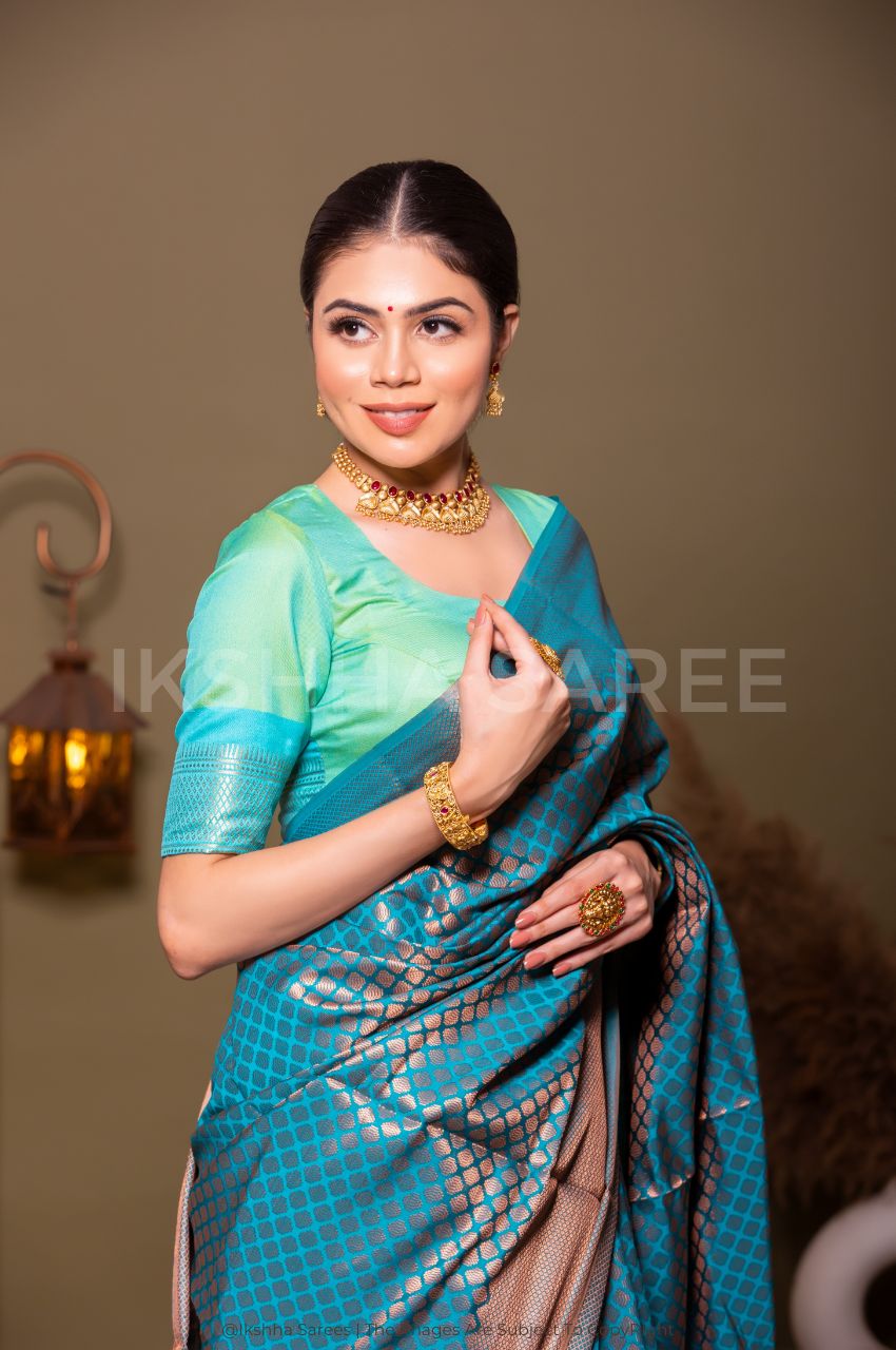 Skyblue Kanjivaram Silk Saree With Copper Zari