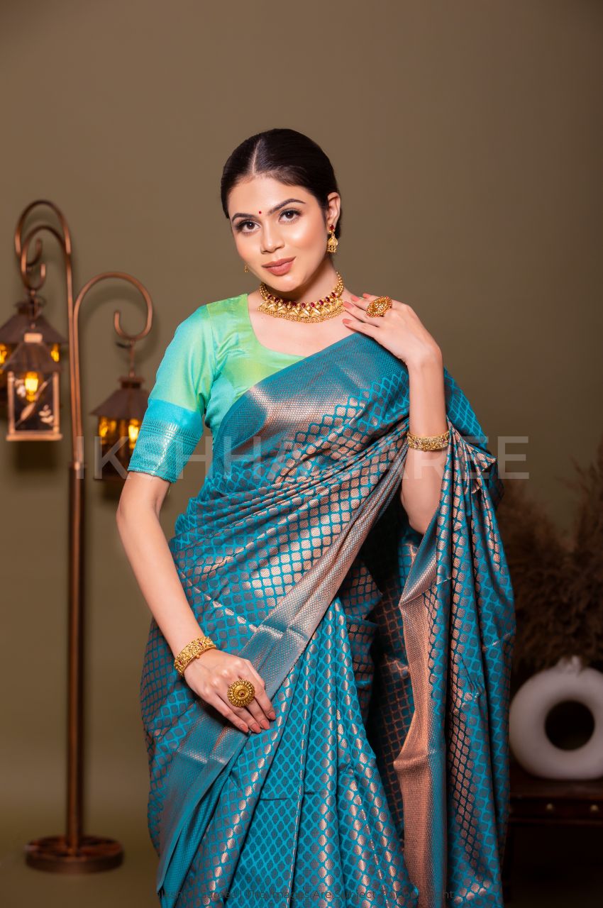 Skyblue Kanjivaram Silk Saree With Copper Zari