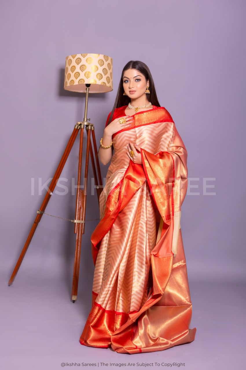 Orange Kanjivaram Silk Saree With Copper Zari